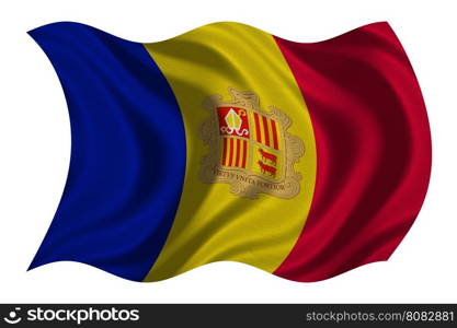 Andorran national official flag. Patriotic symbol, banner, element, background. Correct colors. Flag of Andorra with real detailed fabric texture wavy isolated on white, 3D illustration