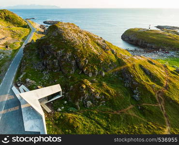 Andoya island seascape rocky coastline from Bukkekjerka rest stop location, viewing point. Vesteralen archipelago, Norway. Aerial view. Sea coast from viewing point on Andoya island Norway