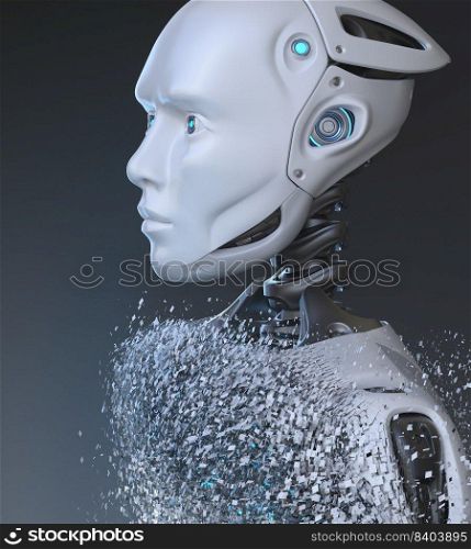 Android Robot revealing from particles. 3D illustration. Artificial intelligence illustration