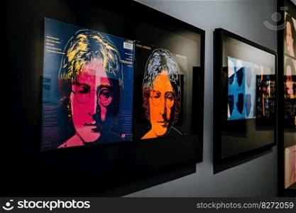 Andy Warhol exhibition in Central Gallery. Famous colorful John Lennon installation. Legend artist, painting, collection. High quality photo. Prague, Czech - February 2023. Andy Warhol exhibition in Central Gallery.