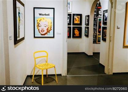 Andy Warhol exhibition in Central Gallery. Famous colorful Marilyn Monroe installation. Legend artist, painting, collection. High quality photo. Prague, Czech - February 2023. Andy Warhol exhibition in Central Gallery.