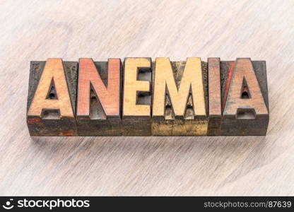 anemia word abstract in vintage letterpress wood type