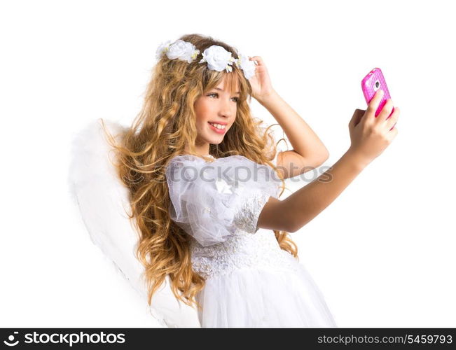 Angel blond girl taking picture mobile smartphone and feather wings on white byod to heaven