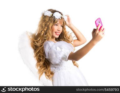 Angel blond girl taking picture mobile smartphone and feather wings on white byod to heaven