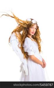 Angel blond girl with flowers crown and feather wings on white background