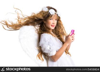 Angel blond girl with mobile smartphone and feather wings on white byod to heaven