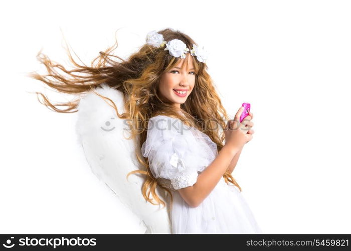 Angel blond girl with mobile smartphone and feather wings on white byod to heaven