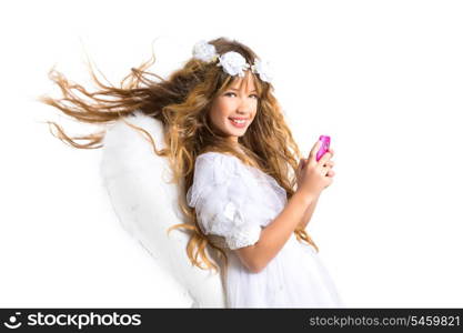 Angel blond girl with mobile smartphone and feather wings on white byod to heaven