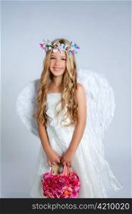 Angel children girl holding flowers bag with wings and crown