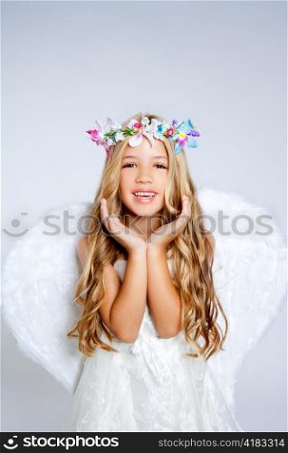 Angel children girl open hands gesture with wings and flowers crown