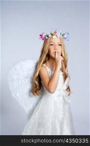 Angel children little girl sleeping finger in mouth gesture with white wings