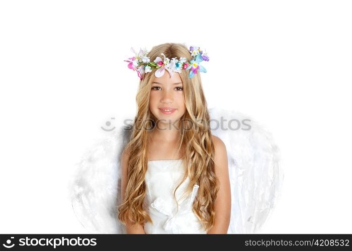 Angel little girl with wings and children flowers crown isolated on white