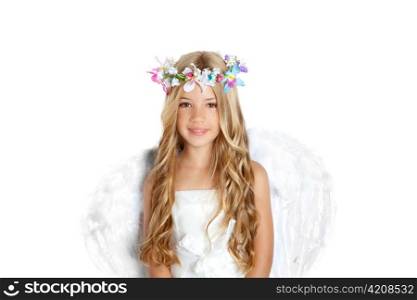 Angel little girl with wings and children flowers crown isolated on white