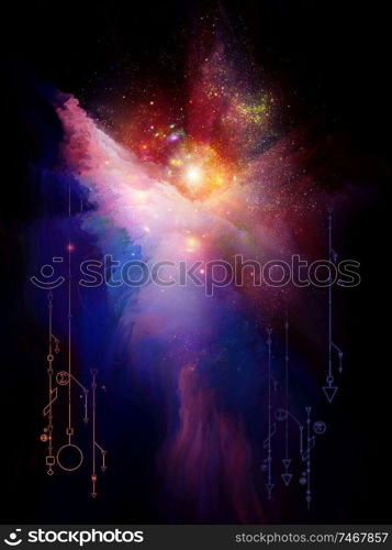 Angel shaped nebula of light in space with sacred geometry symbols. Abstract composition on a subject of religion and spirituality.
