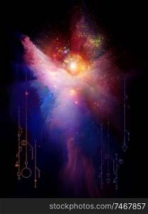 Angel shaped nebula of light in space with sacred geometry symbols. Abstract composition on a subject of religion and spirituality.
