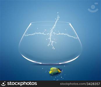 angelfish jumping out of fishbowl.