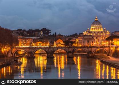 Angelo Bridge and St. Peter&rsquo;s Basilica at dusk, Rome, Italy