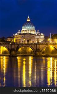 Angelo Bridge and St. Peter&rsquo;s Basilica at dusk, Rome, Italy
