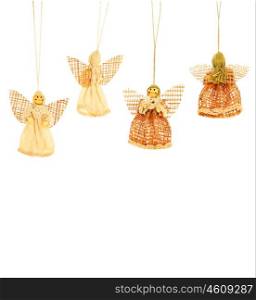 Angels holiday border, Christmas tree ornament &amp; winter decoration isolated on white background