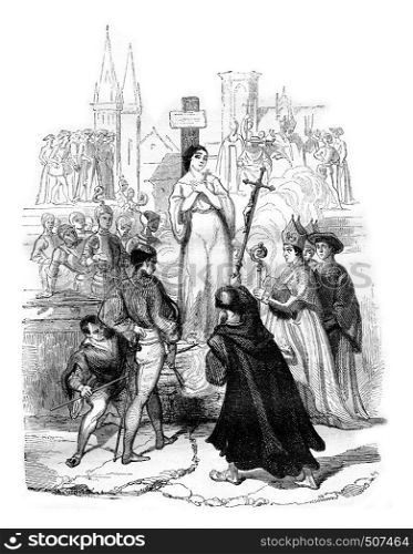 Angers museum, Death of Joan of Arc, by Eugene Deveria, vintage engraved illustration. Magasin Pittoresque 1842.