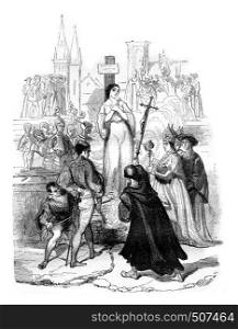 Angers museum, Death of Joan of Arc, by Eugene Deveria, vintage engraved illustration. Magasin Pittoresque 1842.