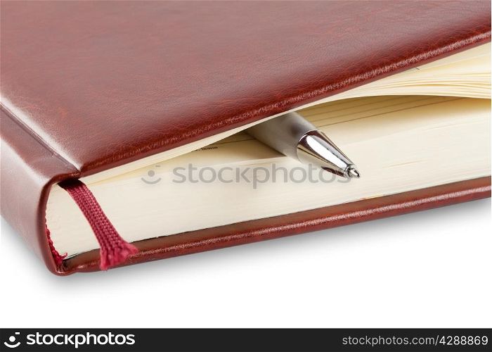 Angle leather diary with pen isolated on white background