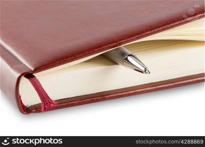 Angle leather diary with pen isolated on white background