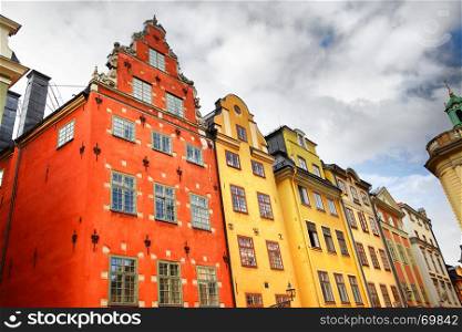 Angle shot of houses on Stortorget square in Stockholm, Sweden