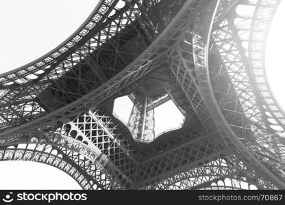 Angle shot of The Eiffel tower in Paris, France. Black and white image