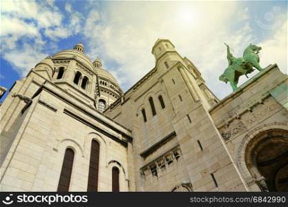 Angle view of Basilica Sacre Coeur, Roman Catholic Church and minor basilica, dedicated to Sacred Heart of Jesus, Paris, France