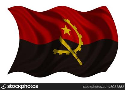 Angolan national official flag. African patriotic symbol, banner, element, background. Correct colors. Flag of Angola with real detailed fabric texture wavy isolated on white, 3D illustration