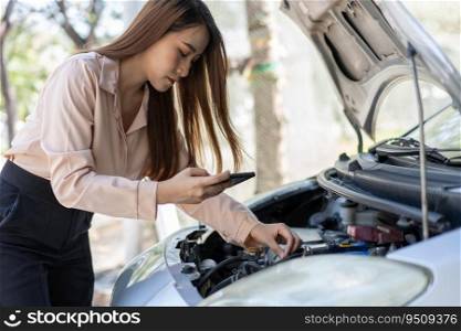 Angry Asian woman using a smartphone VIDEO conference for assistance after a car breakdown on street. Concept of a vehicle engine problem or accident and emergency help from a Professional mechanic