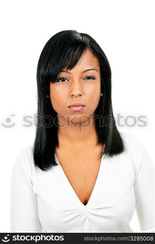 Angry black woman portrait isolated on white background