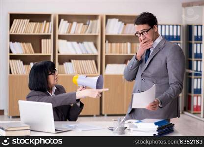 Angry boss reprimanding subordinate employee