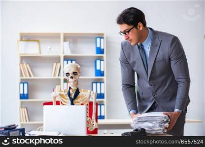 Angry boss yelling at his skeleton employee