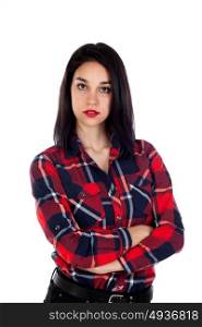 Angry brunette girl with red plaid shirt isolated on a white background