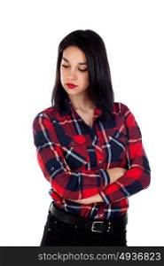 Angry brunette girl with red plaid shirt isolated on a white background
