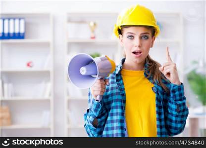 Angry building supervisor with megaphone