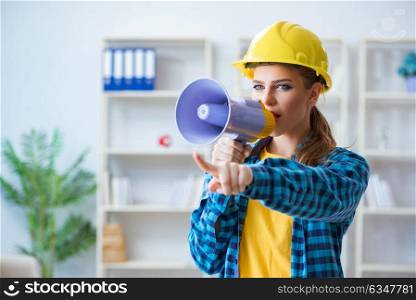Angry building supervisor with megaphone