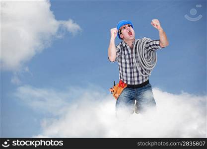 Angry building worker in the clouds