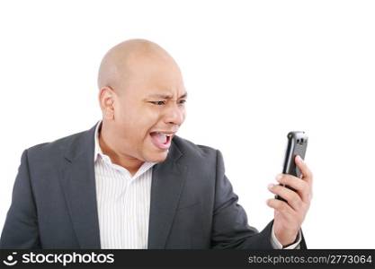 Angry business man screaming on cell mobile phone, portrait of young handsome businessman isolated over white background, concept of executive yelling, conversation problem communication crisis