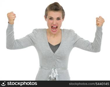 Angry business woman shouting in camera