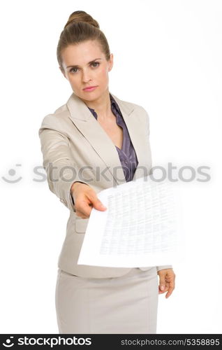 Angry business woman showing document