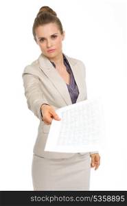 Angry business woman showing document