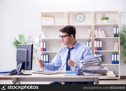 Angry businessman frustrated with too much work