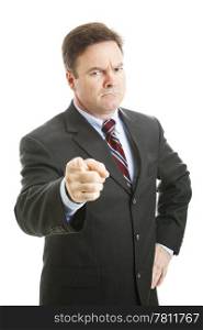 Angry businessman shakes his finger in a scolding way. Isolated on white.