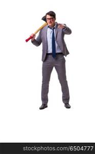Angry businessman with axe isolated on white