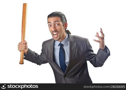 Angry businessman with bat on white