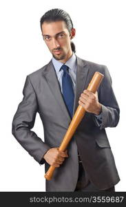 Angry businessman with bat on white