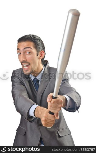 Angry businessman with bat on white